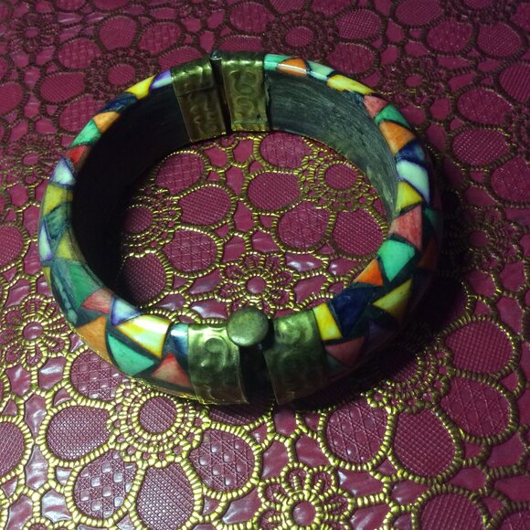 Vintage Hindu Indian Bone Hinged Bangle Bracelet - Picture 5 of 9